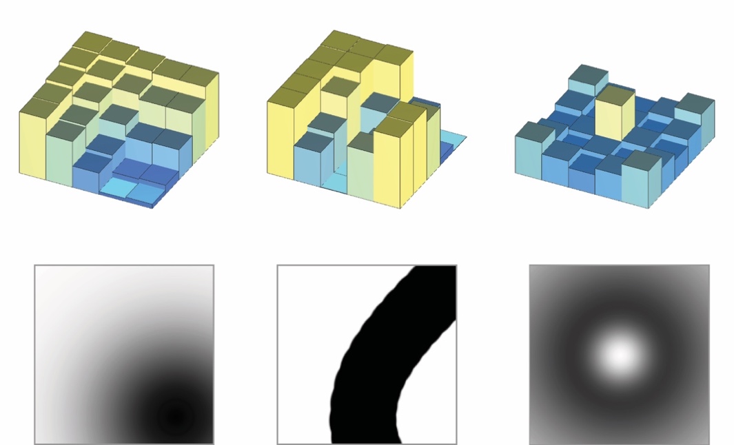 Three grayscale images and their corresponding 5 by 5 heightmap previews